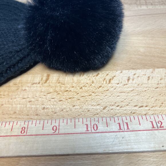 KARL LAGERFELD Womens Knit Beanie Hat Rhinestone Cat Logo Black Pom Pom Winter - Picture 10 of 10